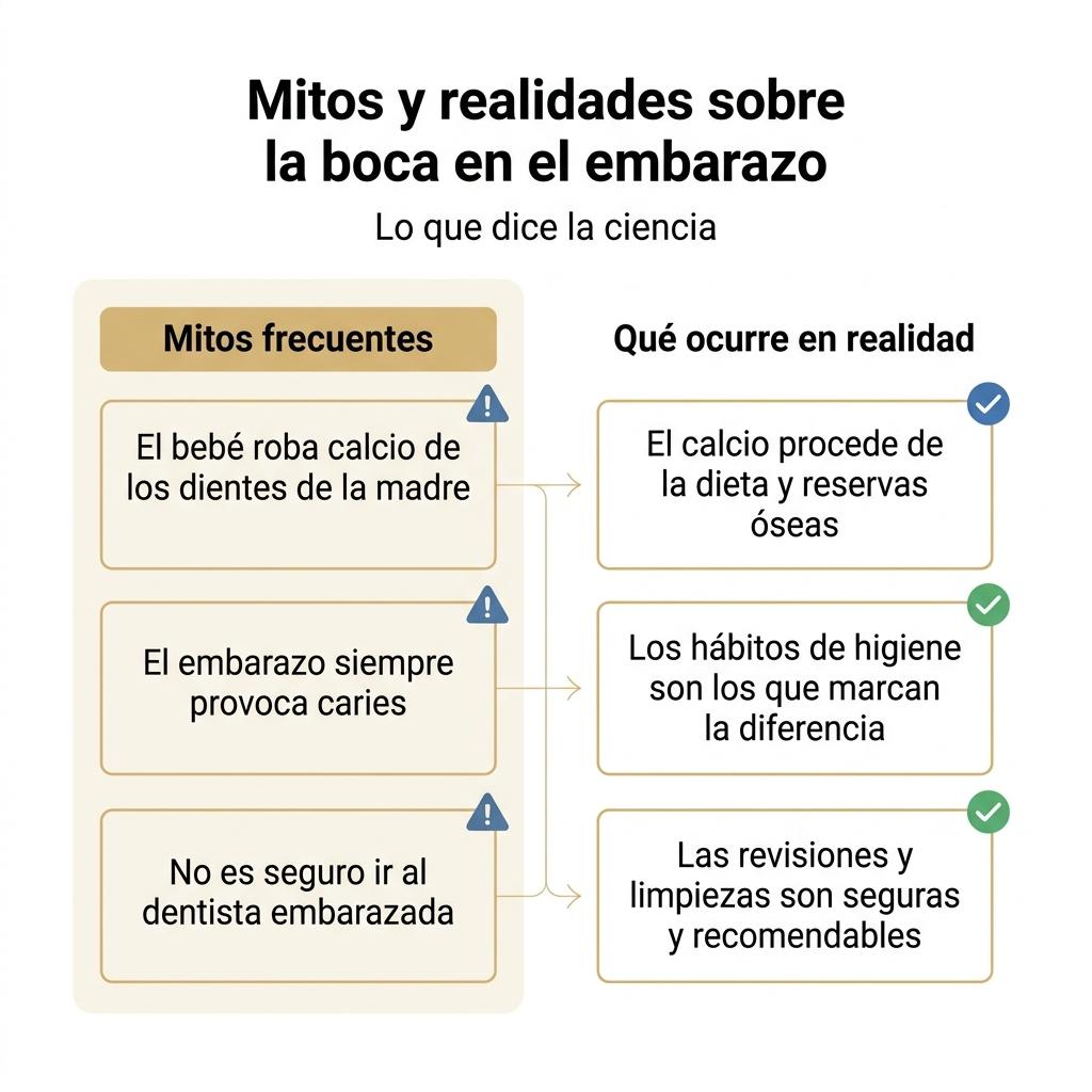 Diagrama que compara mitos y realidades sobre la salud bucodental durante el embarazo.