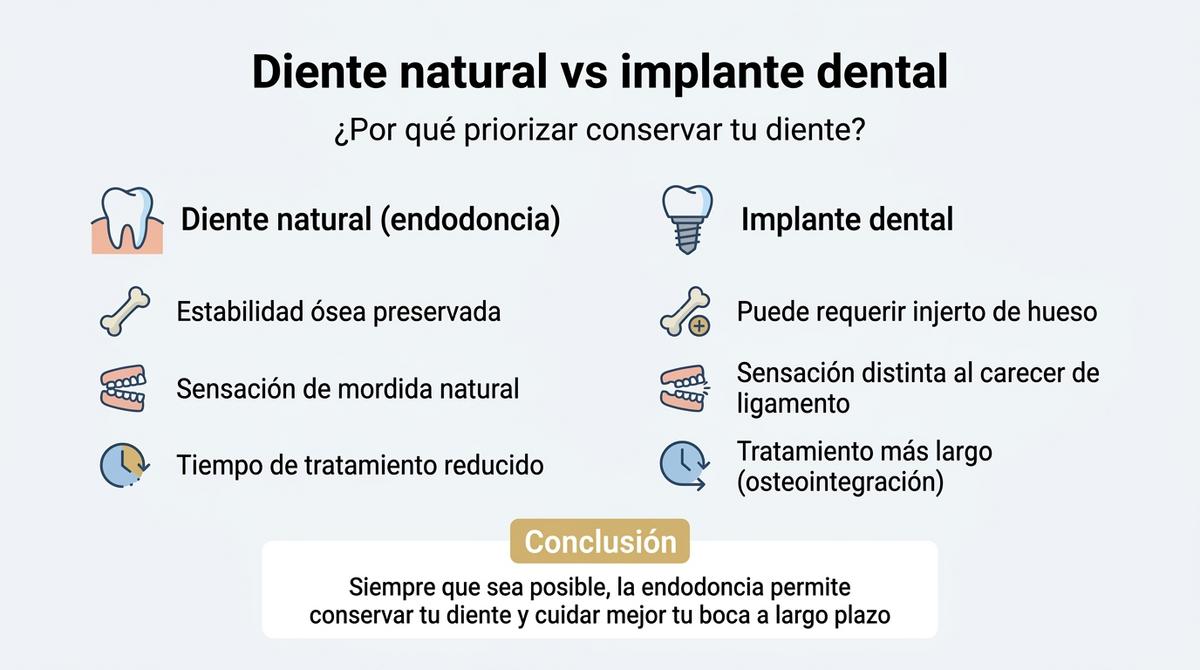 Infografía comparativa entre conservar el diente con endodoncia y colocar un implante dental.