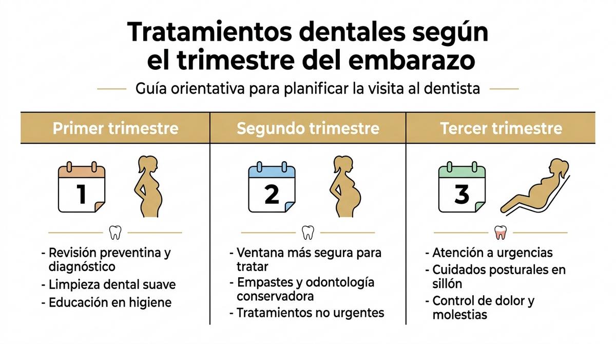 Infografía que muestra los tratamientos dentales recomendados en cada trimestre del embarazo.