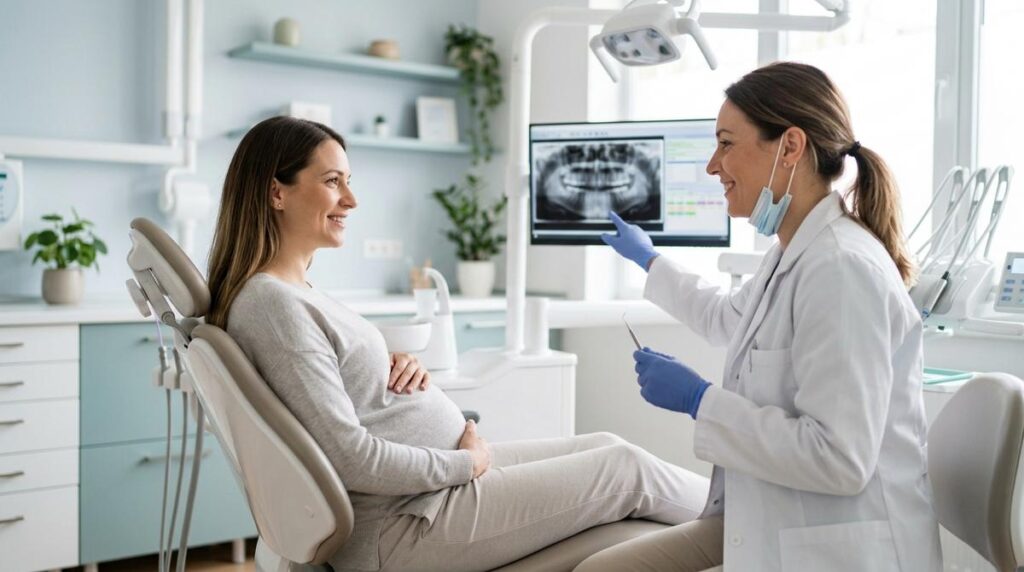 Mujer Embarazada Sentada En Un Sillon Dental Mientras Una Odontologa Le Explica El Plan De Cuidado Bucodental En La Consulta