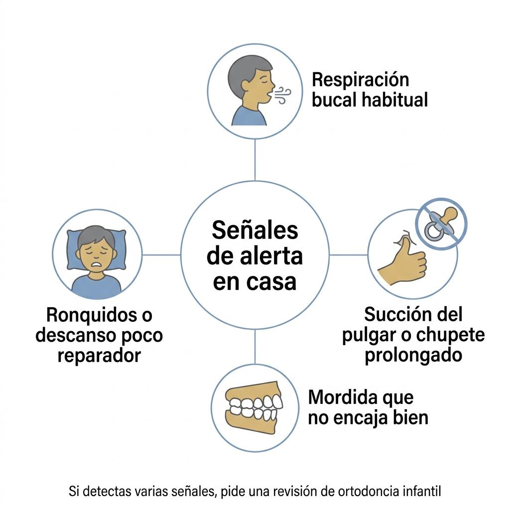 Diagrama con señales de alerta en casa que pueden indicar problemas de desarrollo dental en niños.