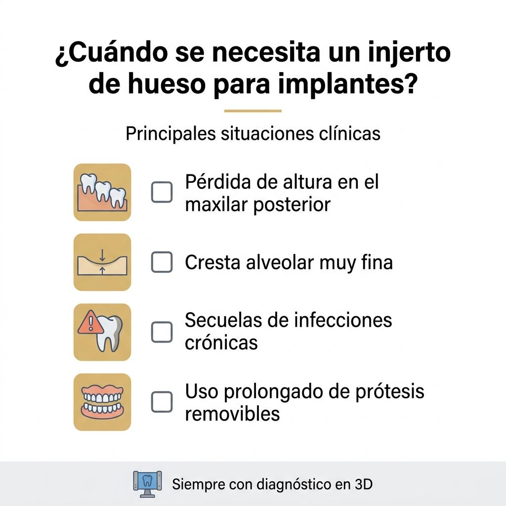 Diagrama en forma de checklist con las principales situaciones en las que se indica un injerto de hueso para implantes dentales.