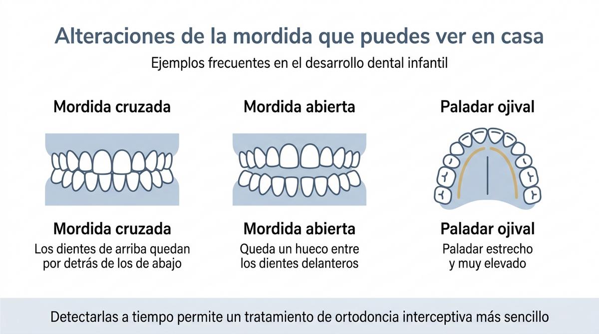 Infografía con ejemplos visuales de mordida cruzada, mordida abierta y paladar ojival en niños.