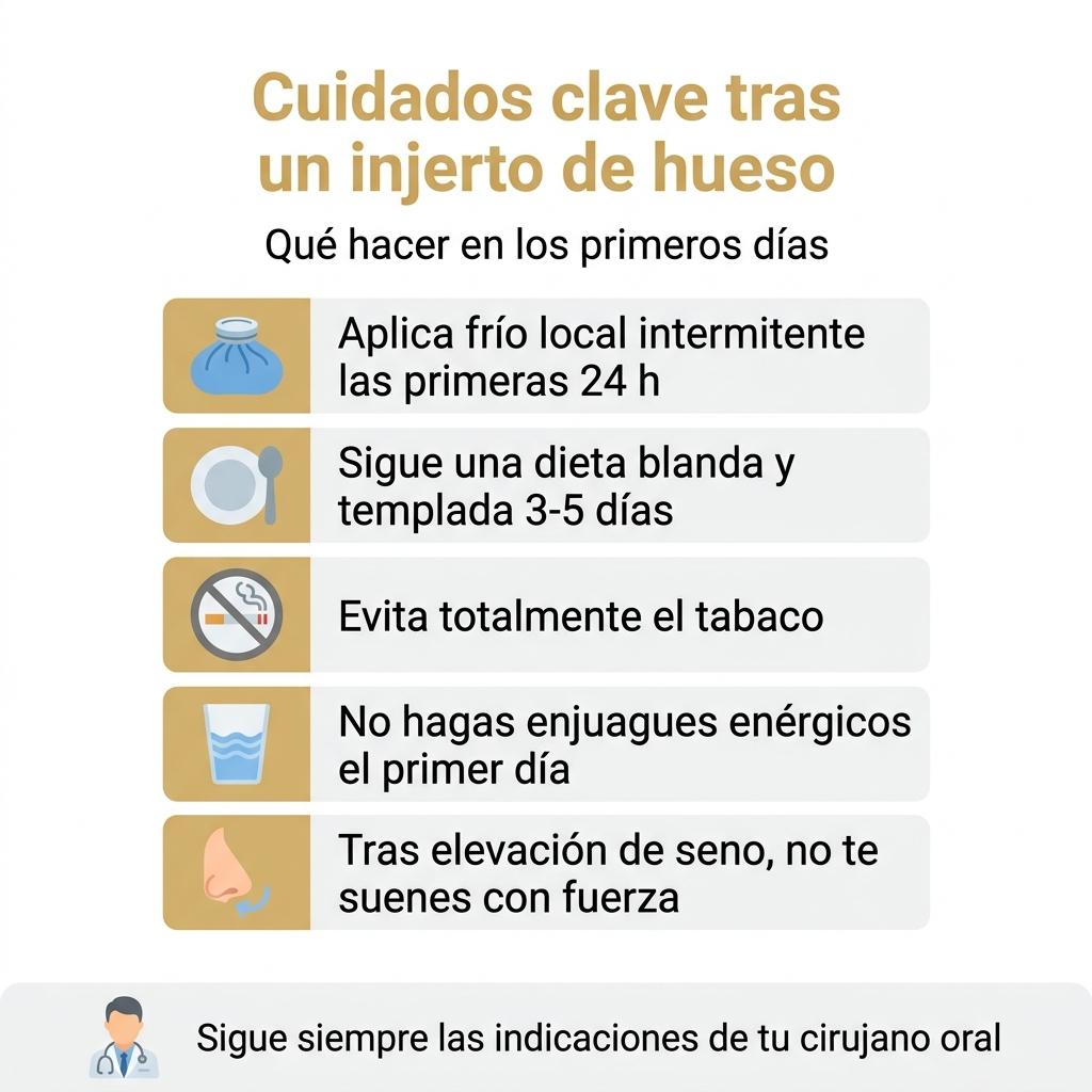 Infografía con un listado de cuidados básicos después de un injerto de hueso dental para implantes.