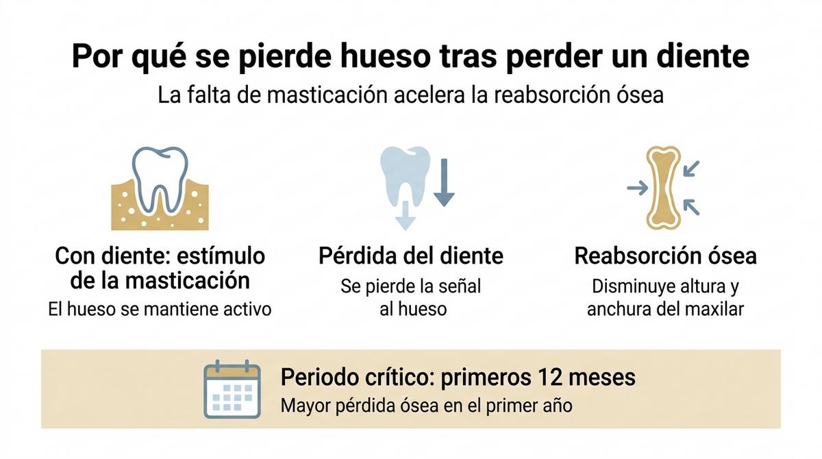 Infografía que muestra de forma esquemática cómo la pérdida de un diente provoca reabsorción del hueso maxilar.