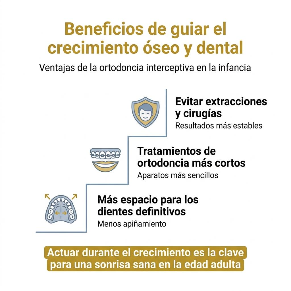 Infografía sobre los beneficios de guiar el crecimiento óseo y dental con ortodoncia interceptiva.