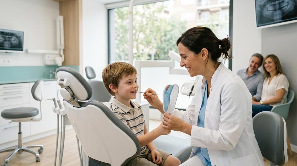 Nino En Una Consulta De Ortodoncia Infantil Mientras La Dentista Le Revisa La Mordida Delante De Sus Padres