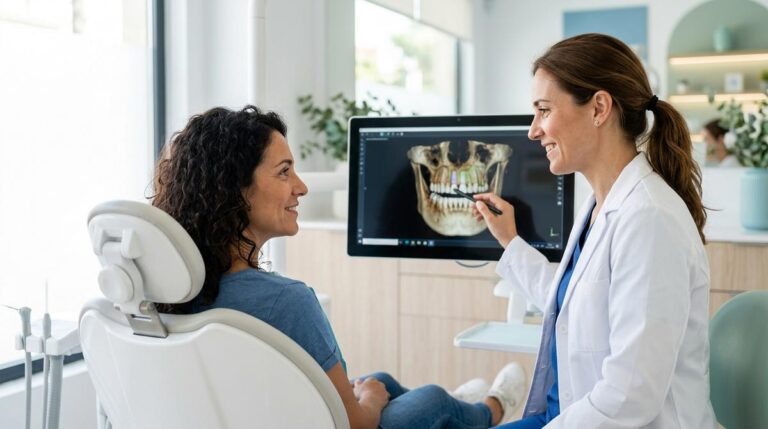Odontologa Mostrando En Una Pantalla Digital Un Plan De Injerto De Hueso E Implantes A Una Paciente Tranquila En Una Clinica Dental Moderna