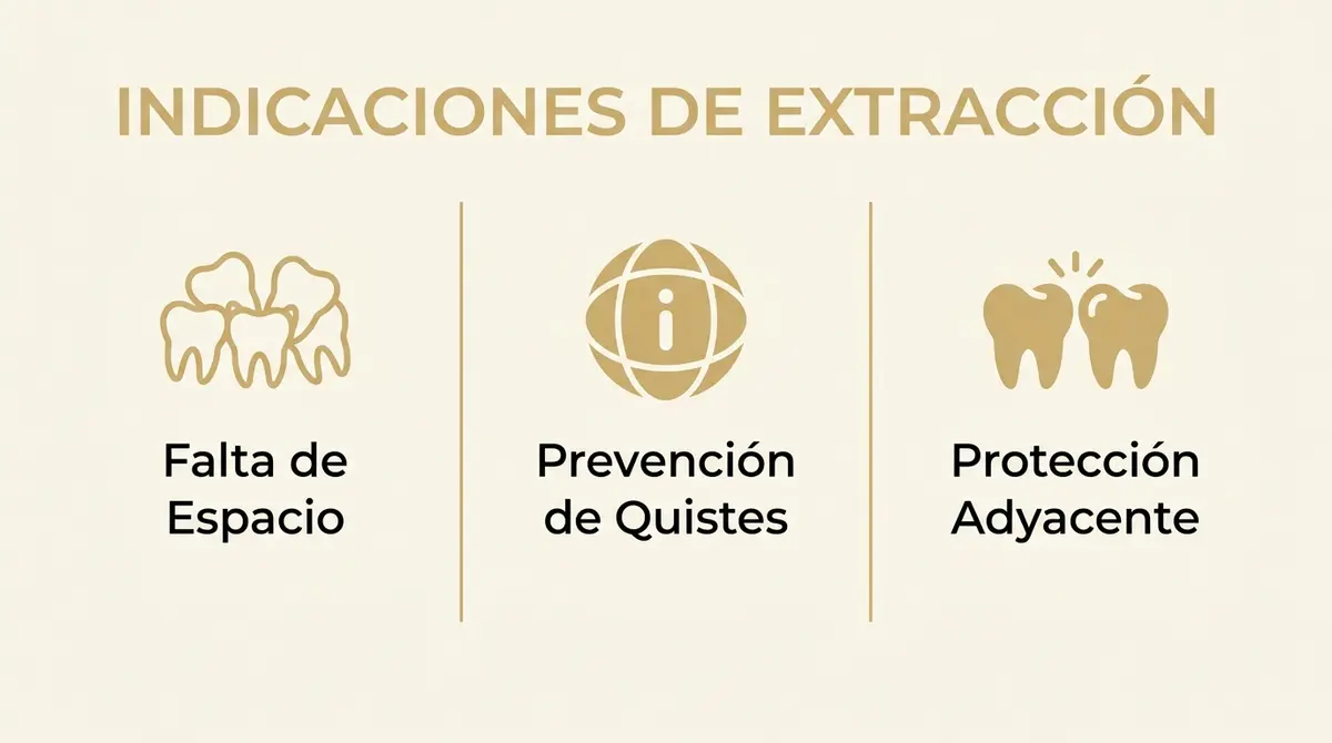 Infografía estructurada que detalla las tres principales indicaciones médicas para extraer las muelas del juicio: falta de espacio, prevención de quistes y protección de dientes adyacentes.