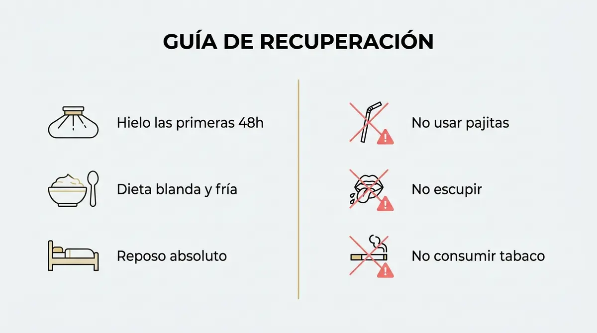 Infografía comparativa con pautas recomendadas de recuperación frente a hábitos prohibidos tras una cirugía de terceros molares.