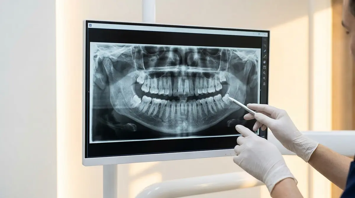 Detalle de una radiografía panorámica dental digital en pantalla, analizada por una dentista con guantes en Atelier Dental.