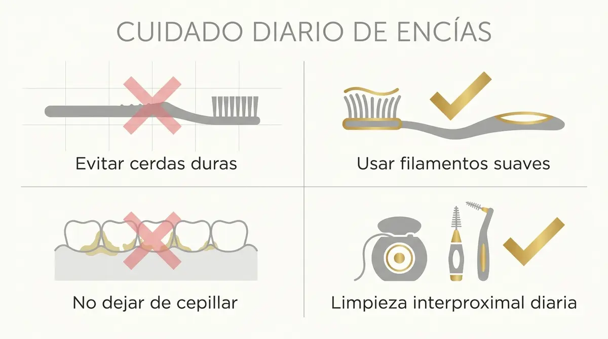 Infografía con pautas de higiene diaria correctas e incorrectas para el cuidado de las encías inflamadas.