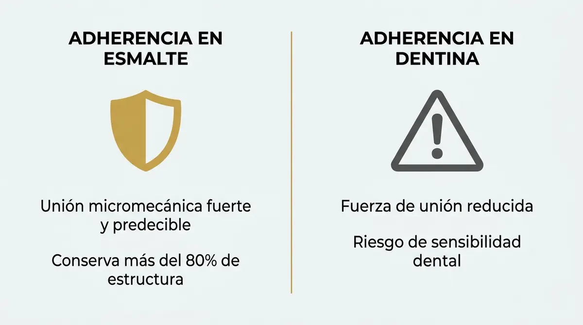 Infografía comparativa que detalla los beneficios de la adhesión de carillas sobre el esmalte dental frente a la dentina.