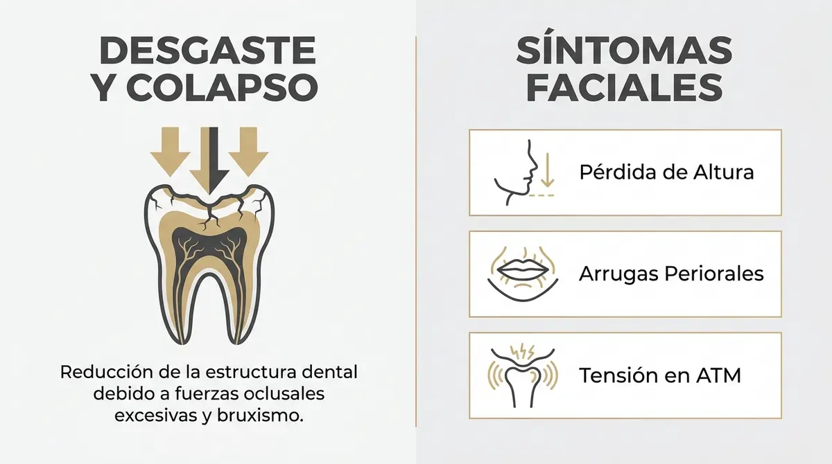 Infografía explicativa sobre los efectos del desgaste oclusal y la pérdida de dimensión vertical en la boca.