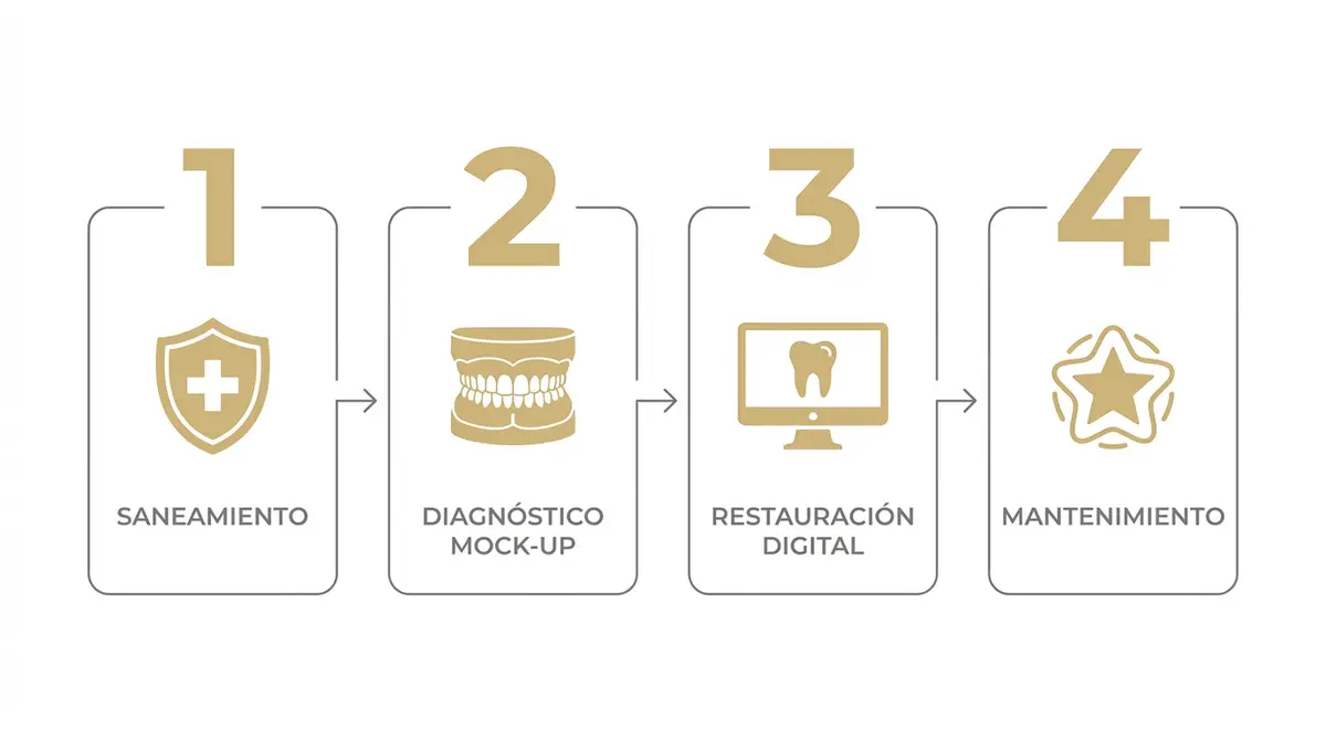 Diagrama de flujo con las fases clínicas y ordenadas para el tratamiento de rehabilitación oral completa.
