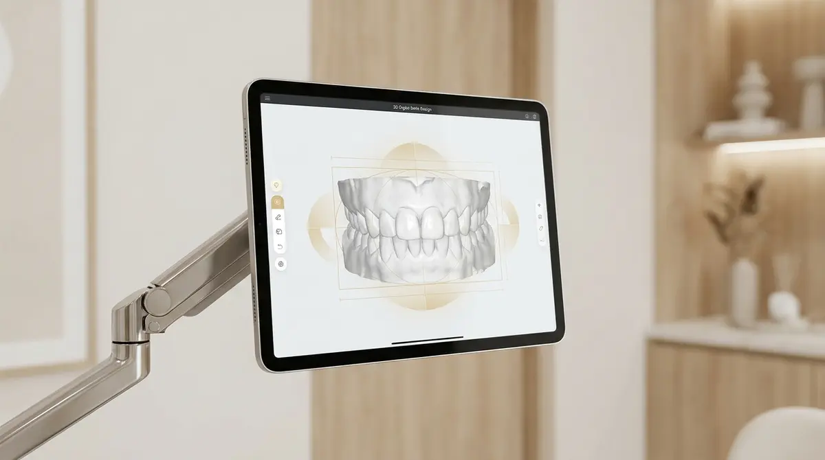 Pantalla con software interactivo de diseño digital de sonrisa 3D en el gabinete clínico de Atelier Dental.