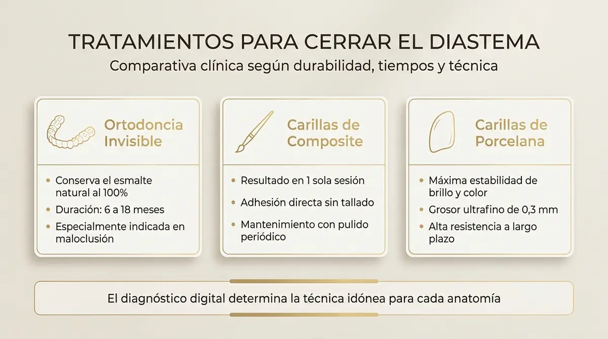 Infografía comparativa de tratamientos para cerrar el diastema dental: ortodoncia invisible, carillas de composite y carillas cerámicas