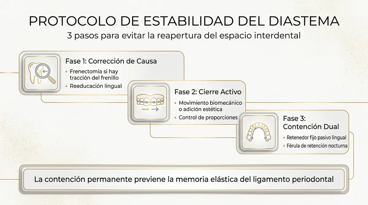 Diagrama del protocolo clínico para garantizar la estabilidad y evitar la reapertura del diastema dental